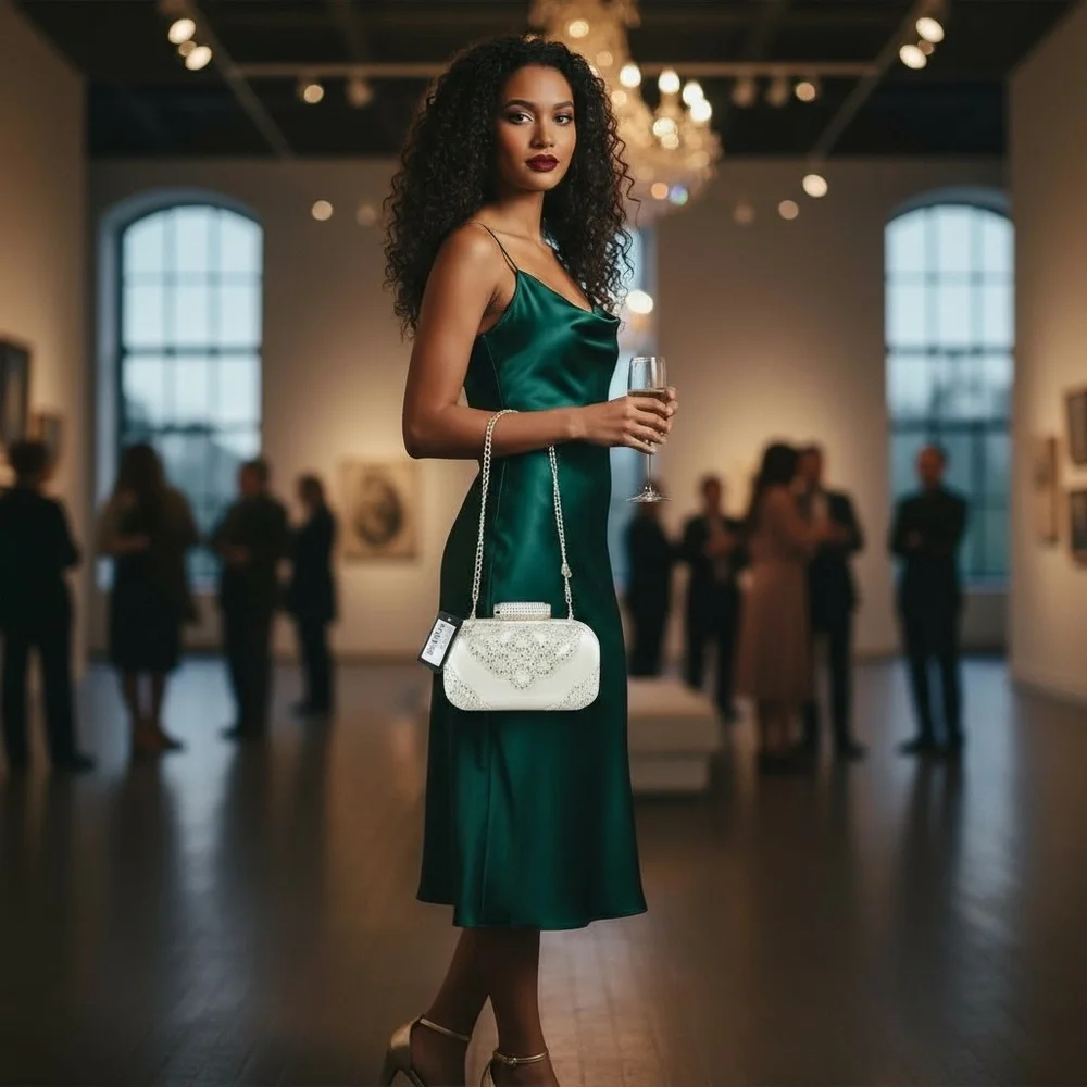 Badgley Mischka Off White Satin Rhinestone Clutch Evening Handbag Chain - Picture 5 of 16